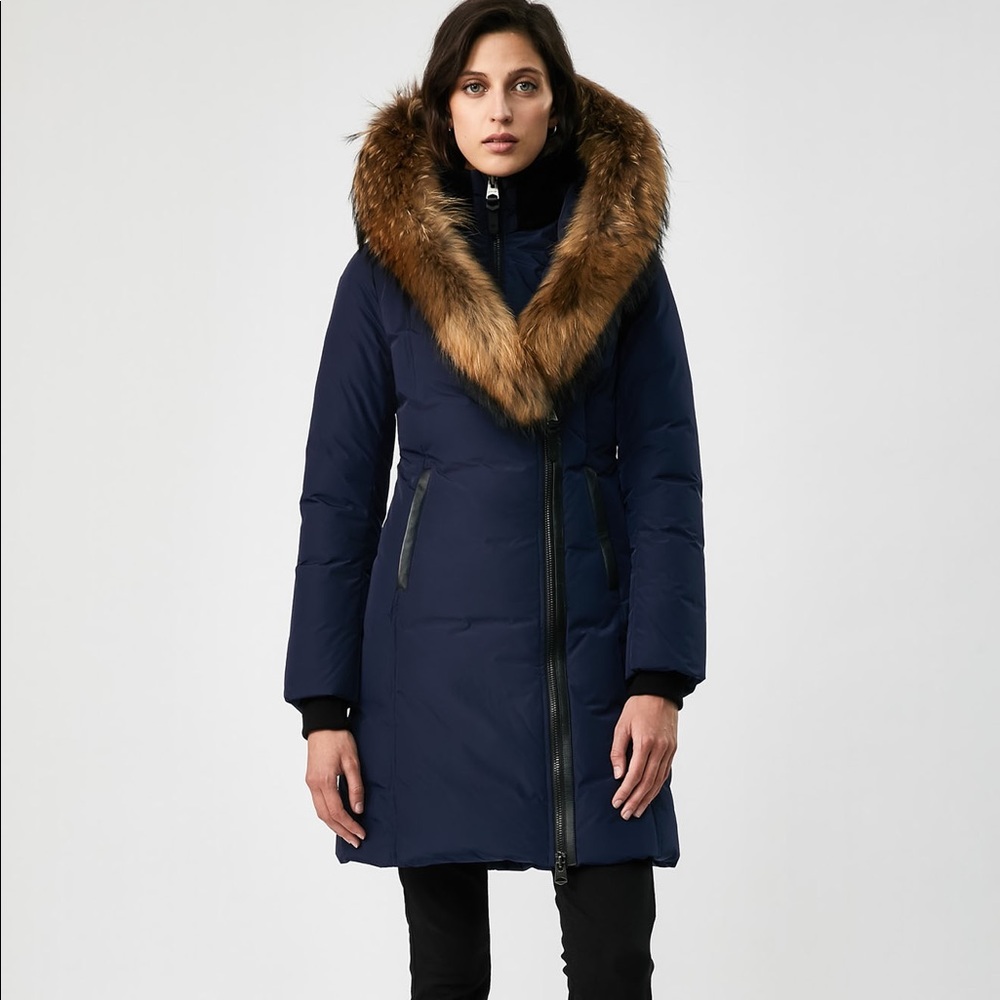 Mackage Navy Puffer Coat with Brown Fur Trim